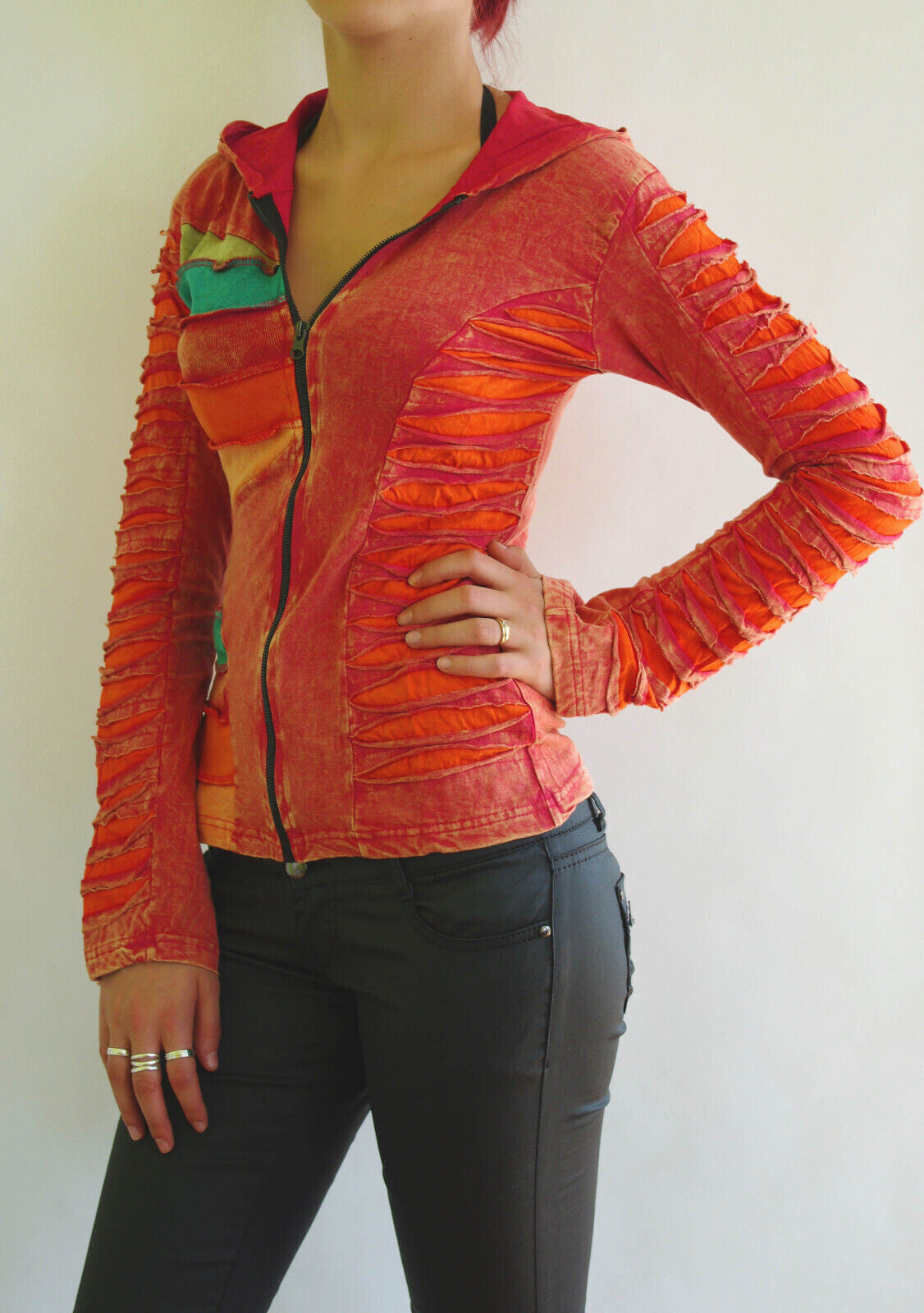 Shirtjacke Gugel Razor Cut Patchwork Jacke Nepal Goa Ethno Gr.34-38