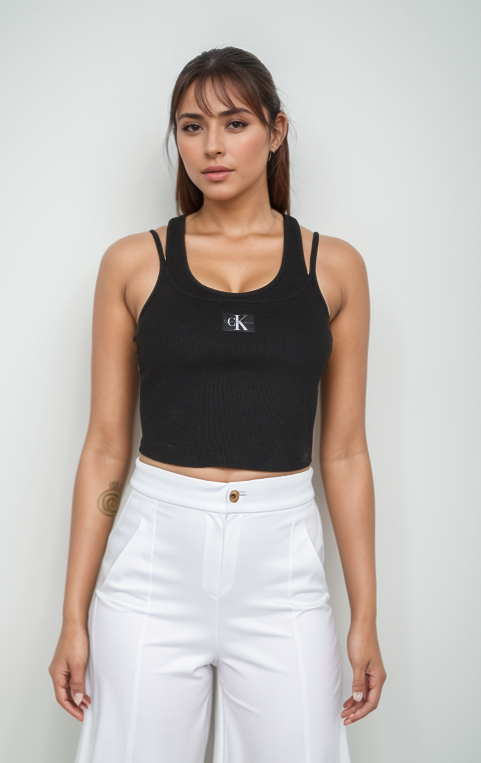 Calvin Klein Badge Rib double Layer Top crop black Gr.L 38-40