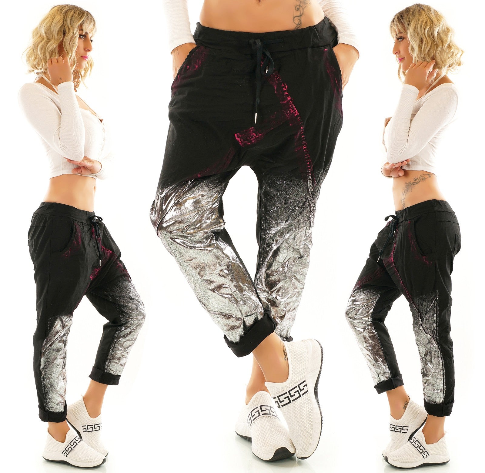 Italy Joggpants Print schwarz silber stretch Baggy Gr.34-38