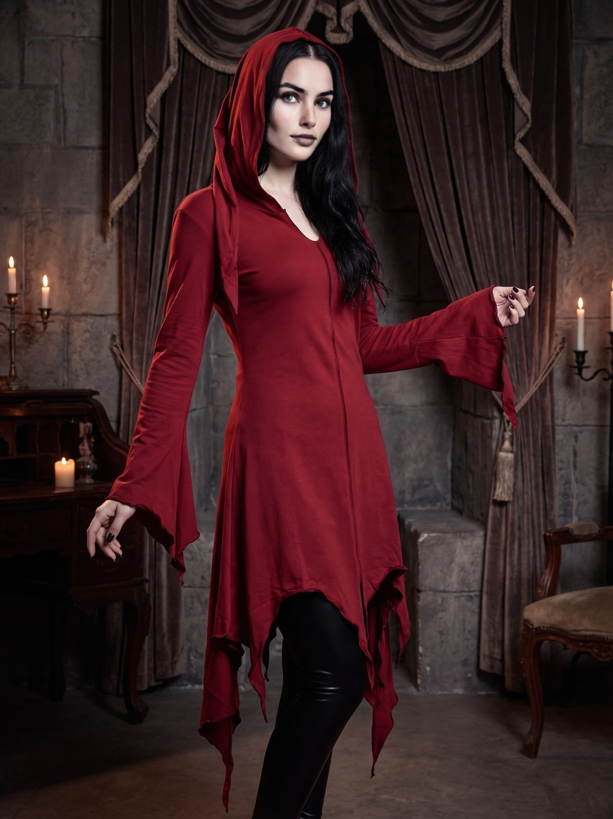Gugel Zipfelkleid Gothic Ethno Hippie Witch Pixie bordeaux Gr.S/M
