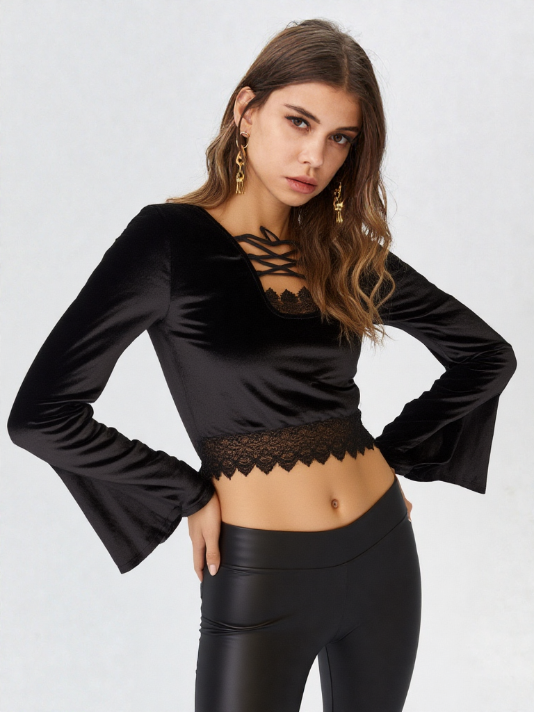 SamtBluse Gothic Larp dark Witch Medieval Spitze Glockenärmel 34/36 kleine 38