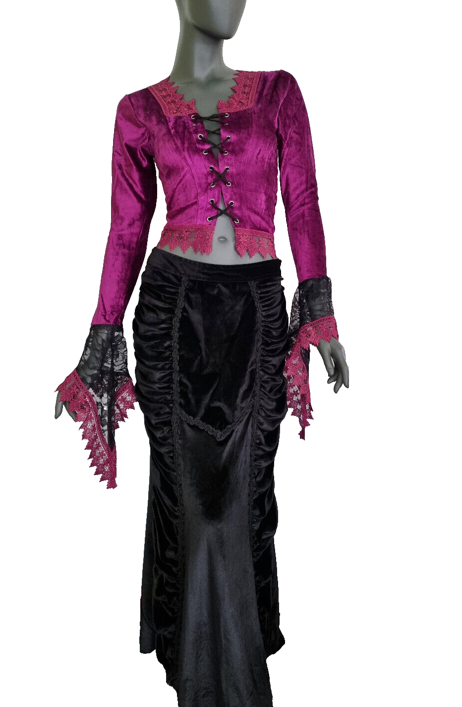 Maxirock Raffung Samt victorian gothic bordeaux lila Gr.34/36