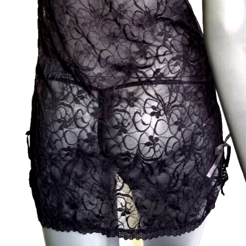 Dessous Negligee Set Mini Kleid String Spitze schwarz pink Gr.34-38