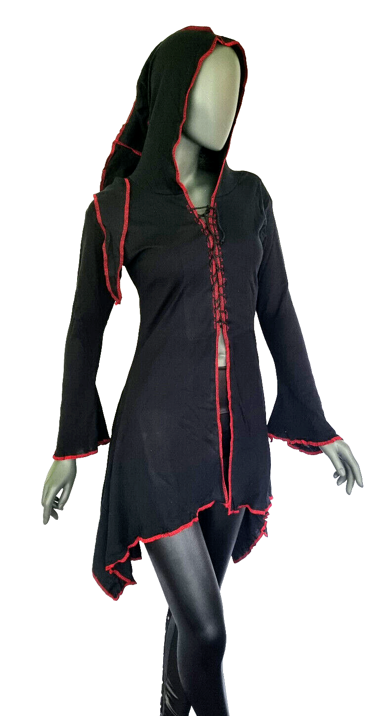 Gugel Zipfelkleid Shirtjacke Goa Ethno Medieval Hippie schwarz-rot Gr.34-38
