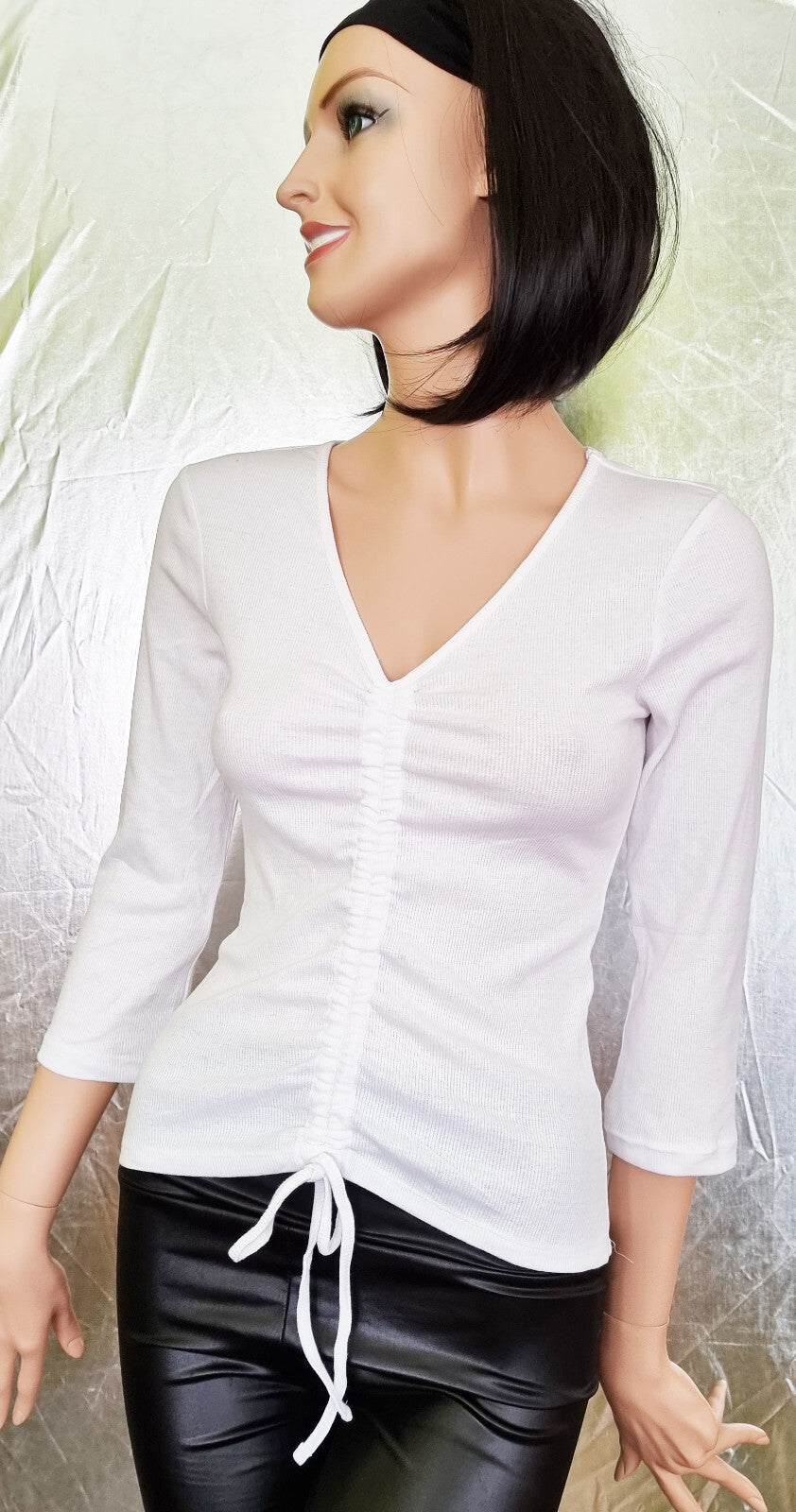 Rippshirt Schnürung Raffung weiss variabel 3/4 Arm Gr.34-46