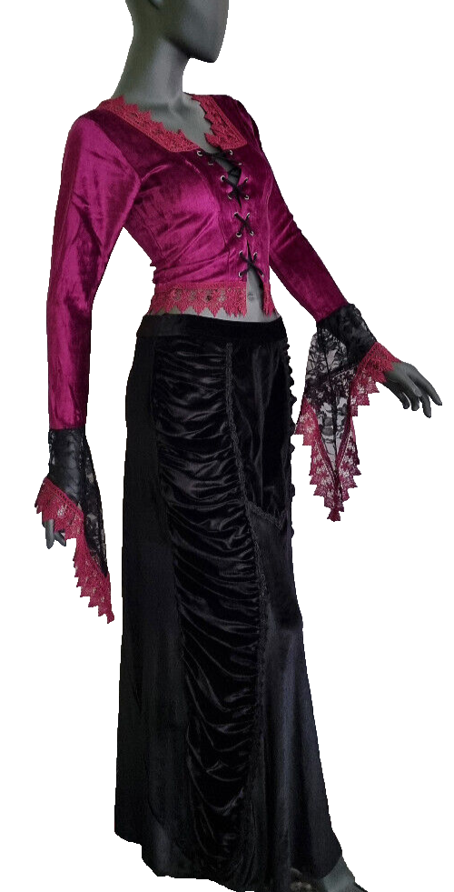 Maxirock Raffung Samt victorian gothic bordeaux lila Gr.34/36