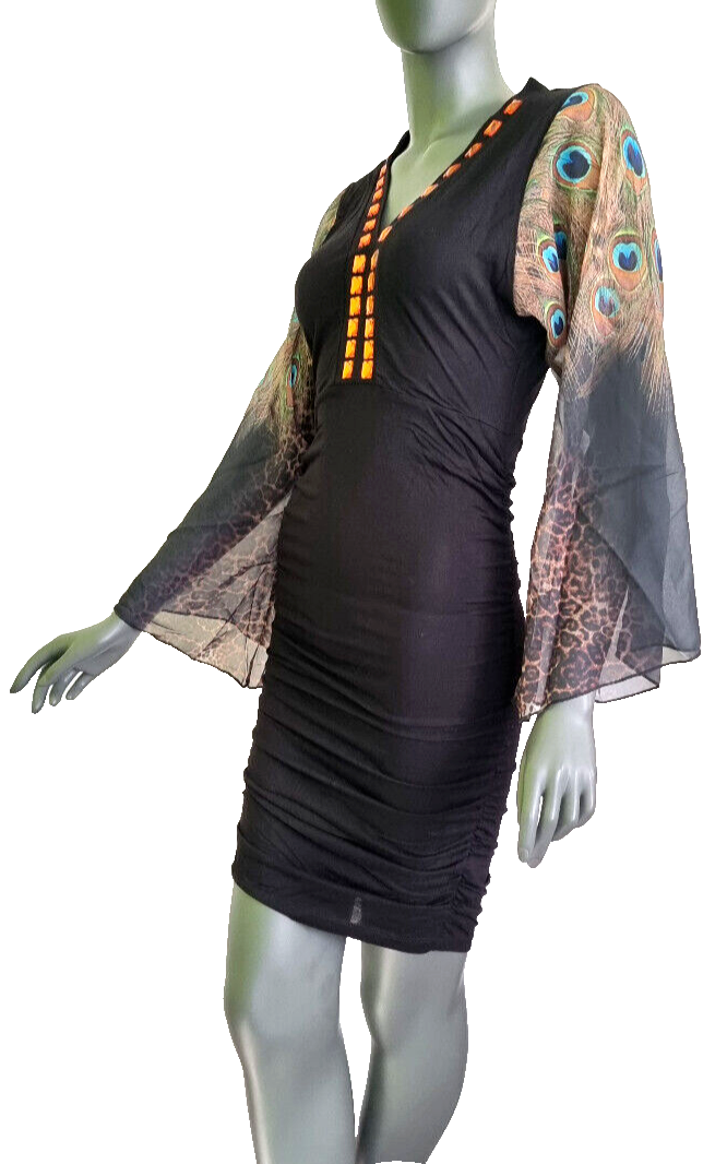 Melrose Peacock Mini-Kleid Longshirt Raffung Jersey Trompetenärmel Gr.34