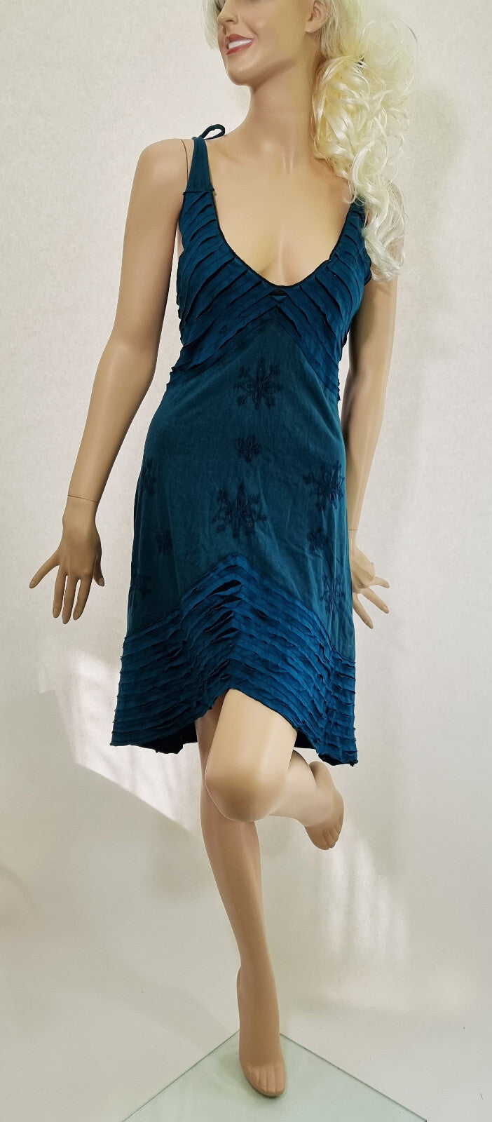 Razor Cut Ethno Kleid handgewebt blau grün rot Hängerkleid Gr.34-38