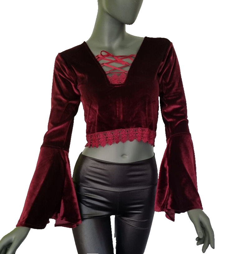 SamtBluse Gothic Larp dark Witch Medieval Spitze schwarz Glockenärmel 36-40