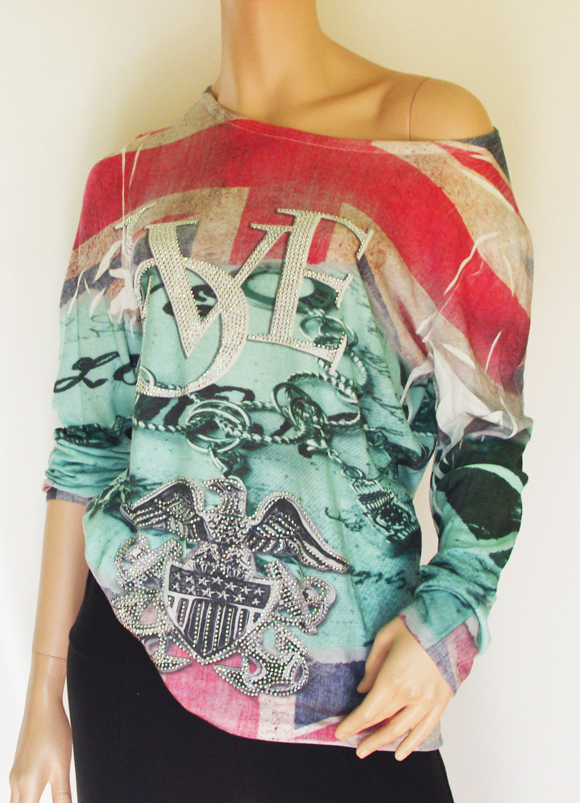 LUNA Italy Union Jack Oversize Vintage Shirt mit Nieten Gr.34-38