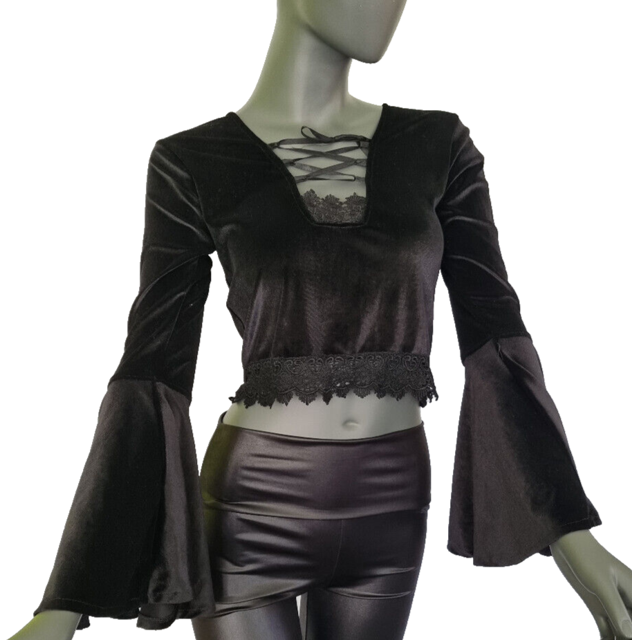 SamtBluse Gothic Larp dark Witch Medieval Spitze Glockenärmel 34/36 kleine 38