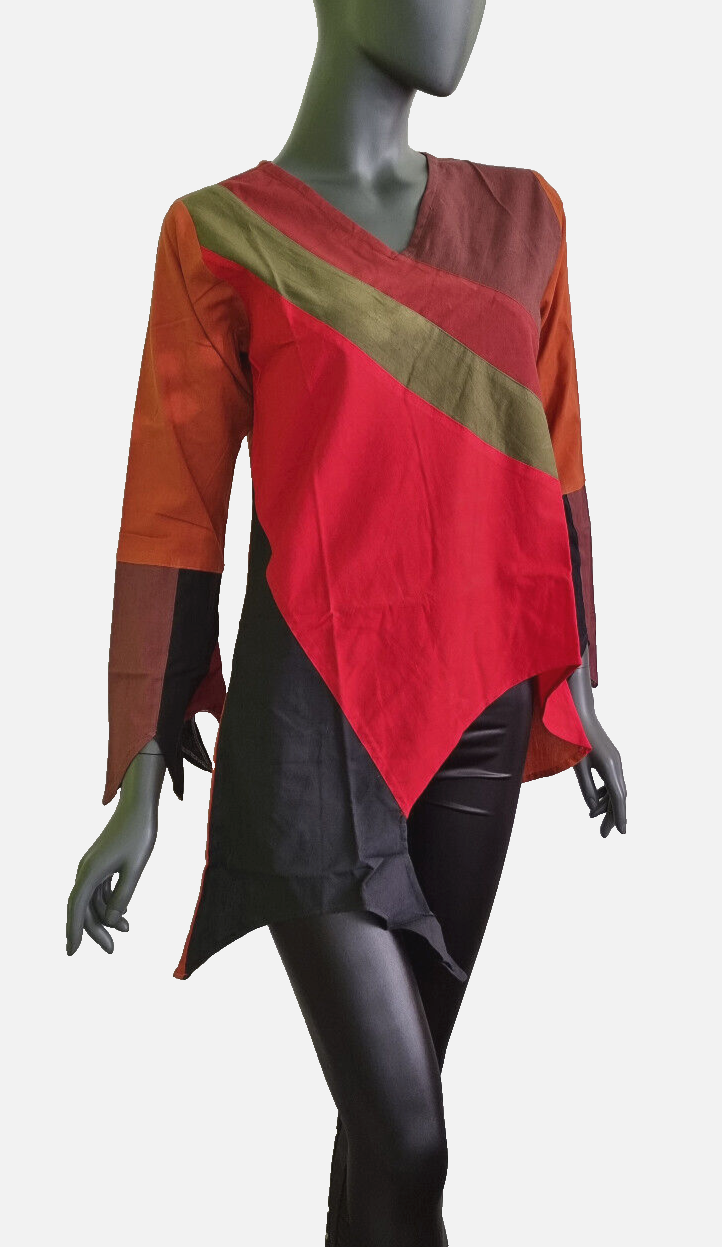 Damen Top Ethno Nepal Hippie Boho Patchwork braun-orange asymetrisch Gr.38-40