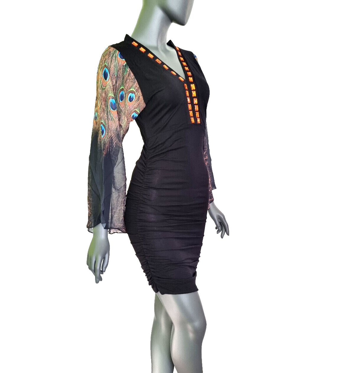 Melrose Peacock Mini-Kleid Longshirt Raffung Jersey Trompetenärmel Gr.36