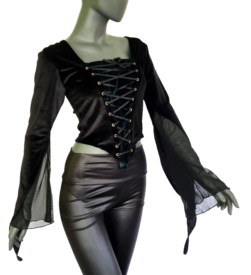 Samtbluse Miedershirt Gothic Witch Medieval schwarz grün Larp Gr.40-42