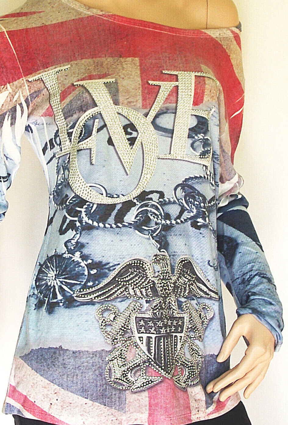 LUNA Italy Union Jack Oversize Vintage Shirt mit Nieten Gr.34-38