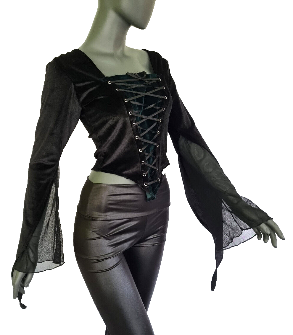 Samtbluse Miedershirt Gothic Witch Medieval schwarz grün Larp Gr.34/36