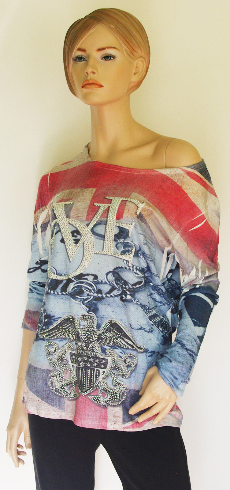 LUNA Italy Union Jack Oversize Vintage Shirt mit Nieten Gr.34-38