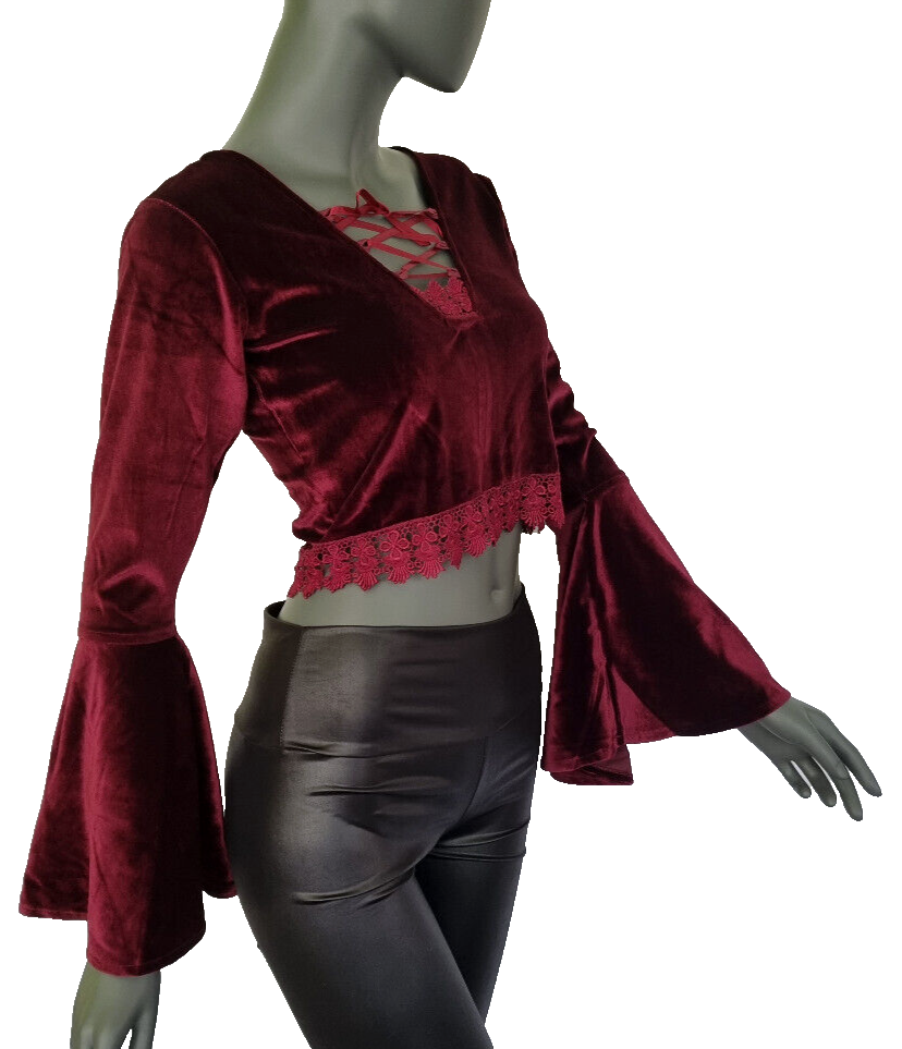 SamtBluse Gothic Larp dark Witch Medieval Spitze bordeaux Glockenärmel 36-40