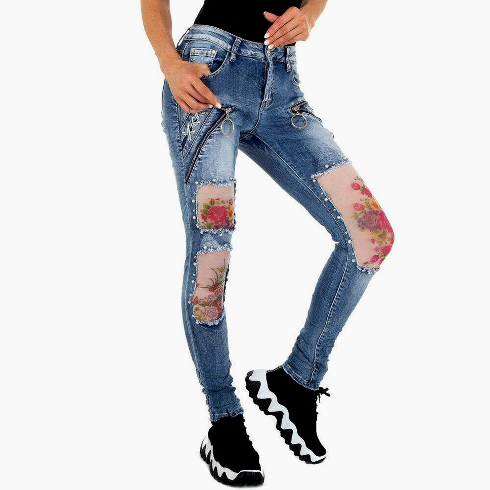 Original Damen Jeans Skinny Rosen destroyed stretch Low Cut Hüftjeans Gr.34-36
