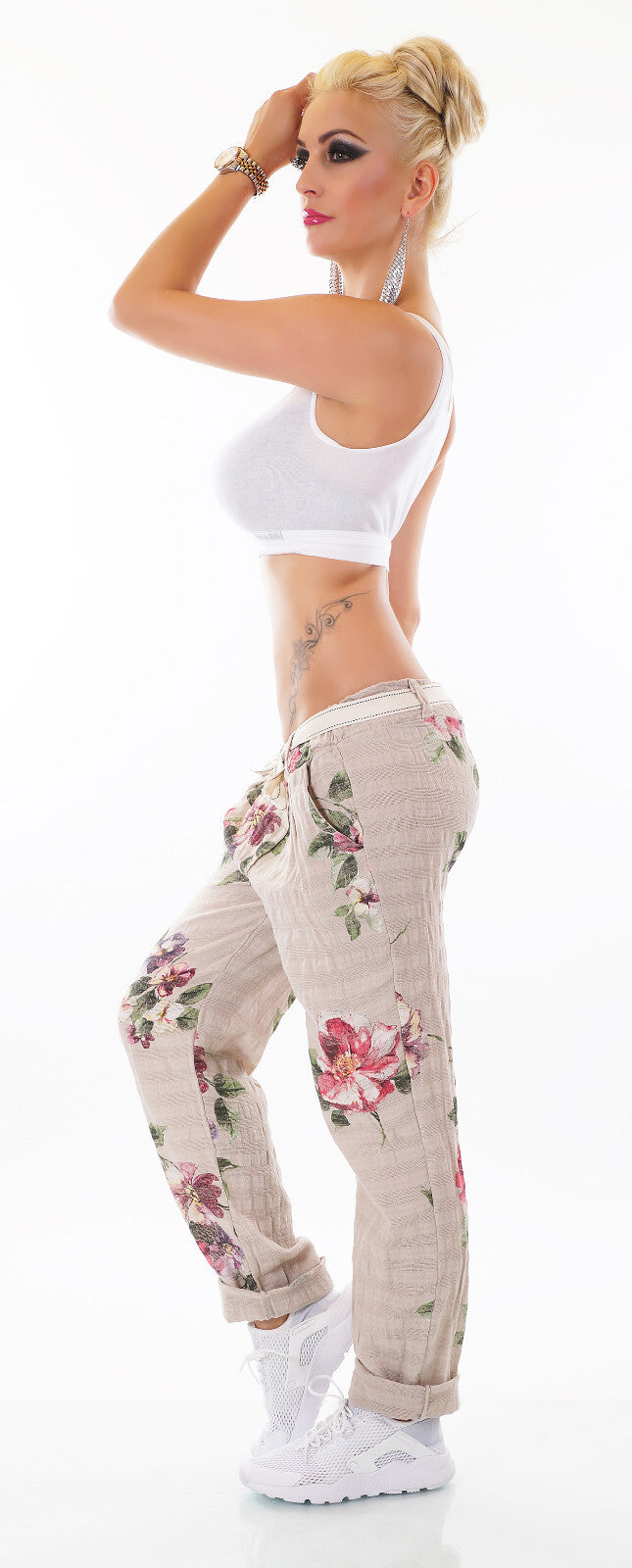 ITALY Damen Hose Blumen Boho Landhaus Leinen Look altrosa Gürtel 34-38