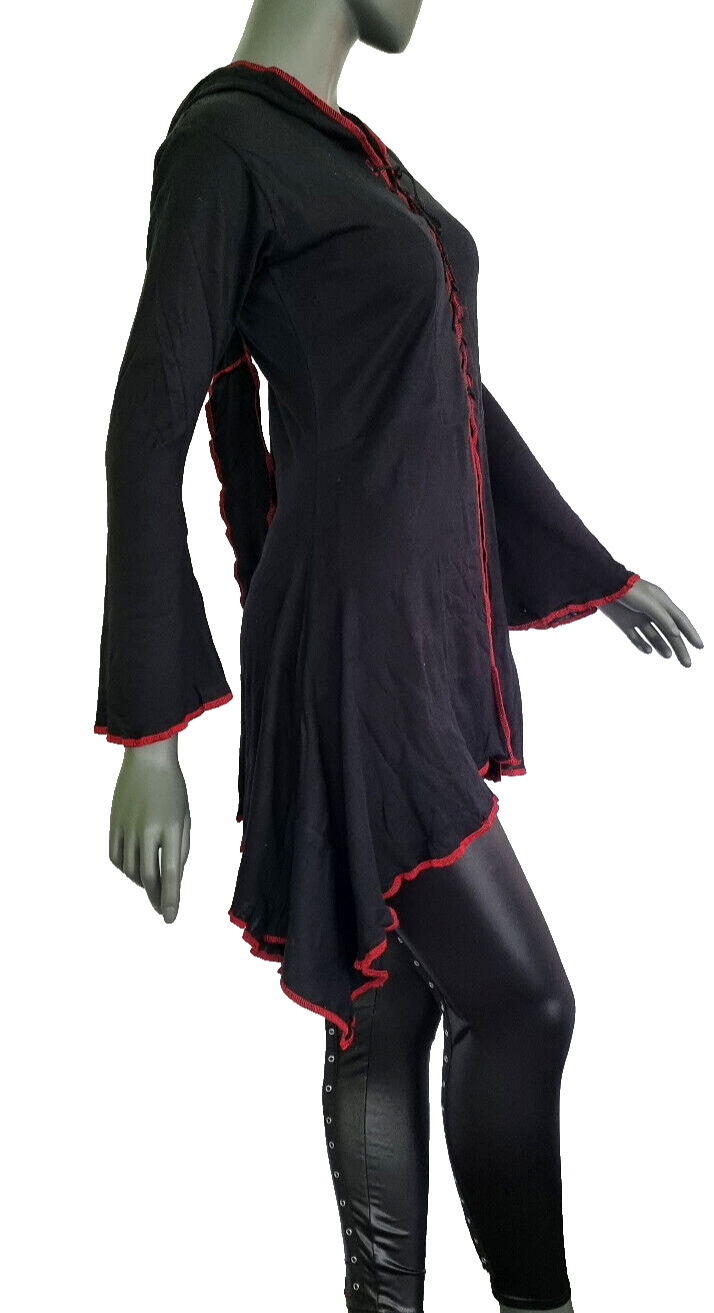 Gugel Zipfelkleid Shirtjacke Goa Ethno Medieval Hippie schwarz-rot Gr.34-38