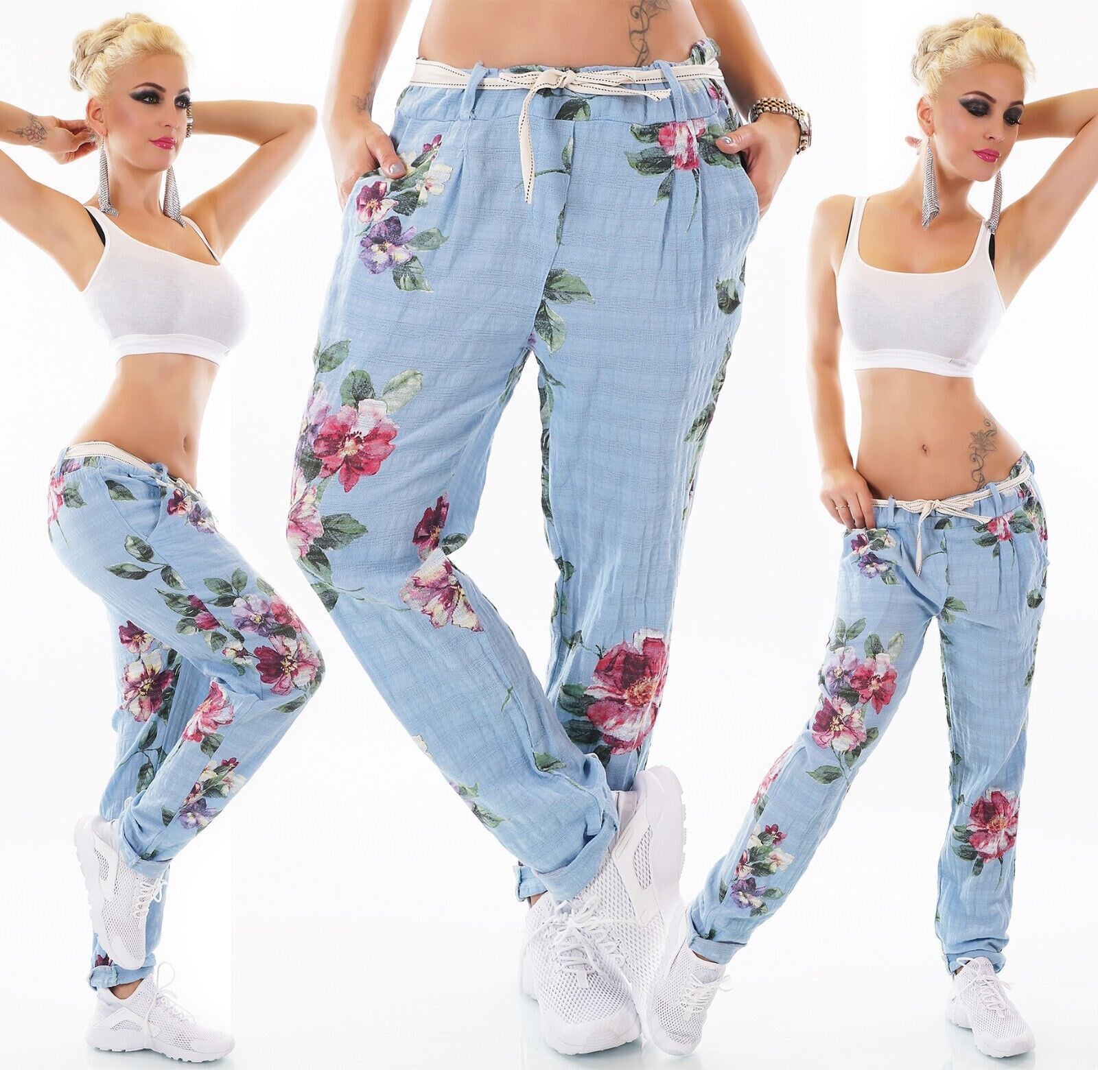 ITALY Damen Hose Blumen Boho Landhaus Leinen Look Gürtel 34-38