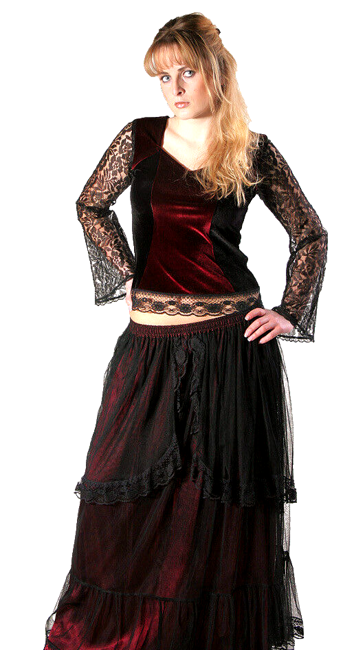 Samtshirt Spitzenärmel Gothic Medieval victorian Larp schwaz bordeaux Gr. 36/38
