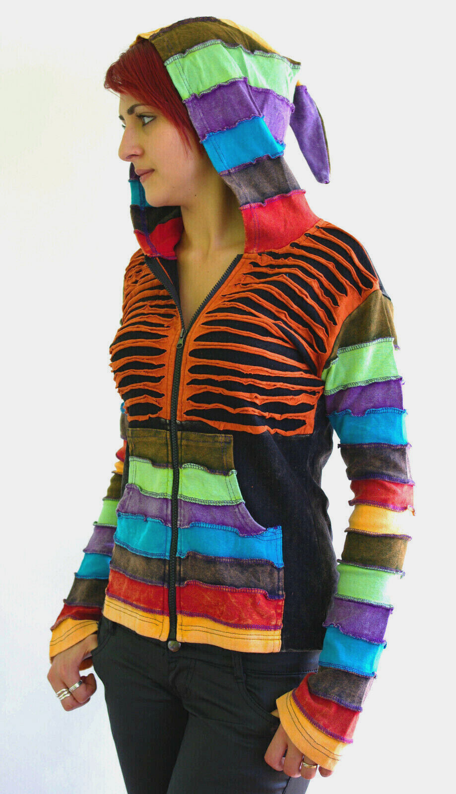 Razor Cut Gugel Patchwork Jacke Nepal Goa Ethno Gr.34-38