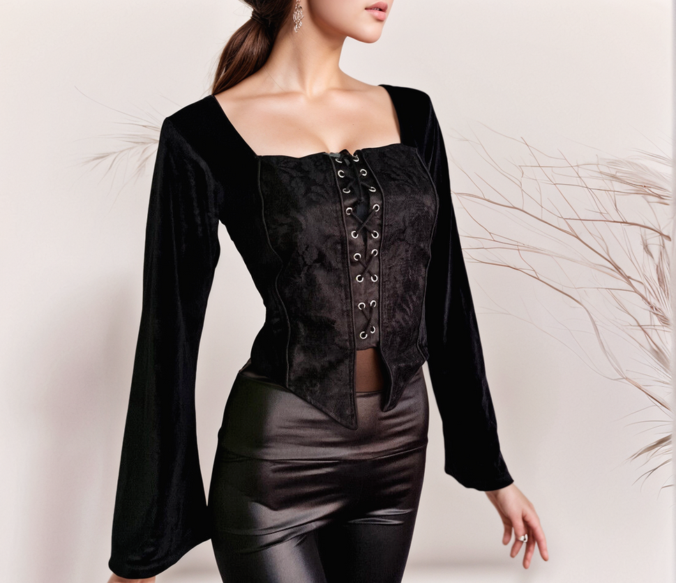 SamtBluse Miederbluse Gothic Larp Witch Punk Medieval schwarz Gr. 38-40