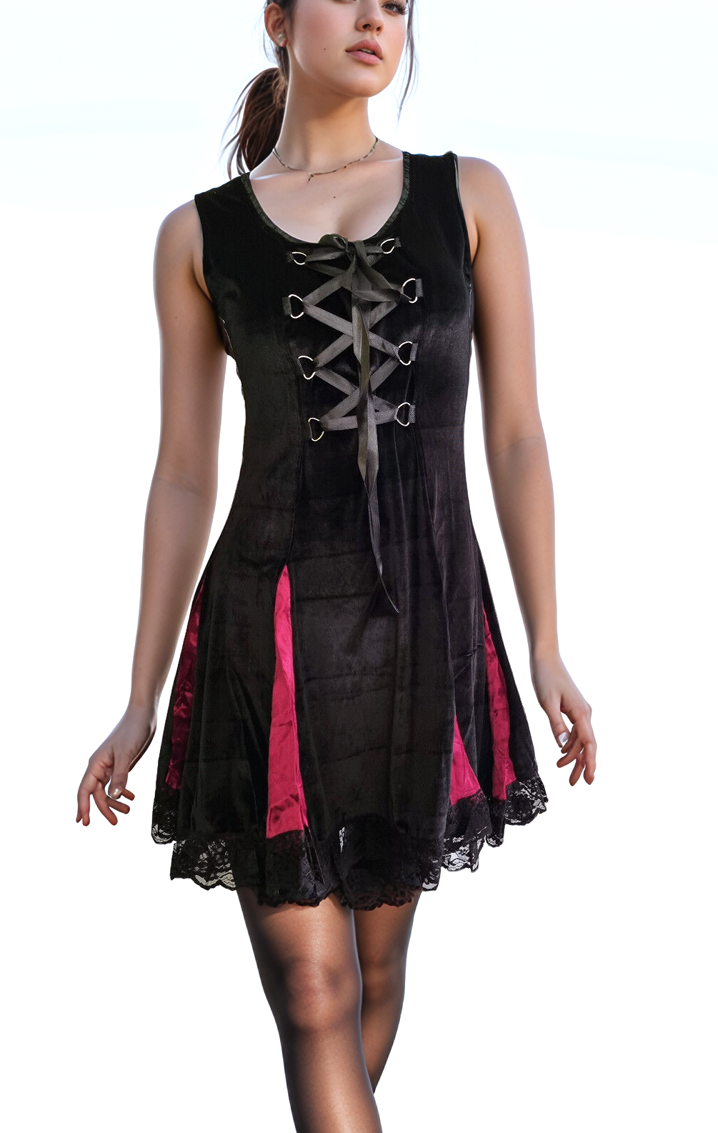 Samtkleid Corsage Gothic Punk Schnürung Medieval schwarz-rot Gr.34-38