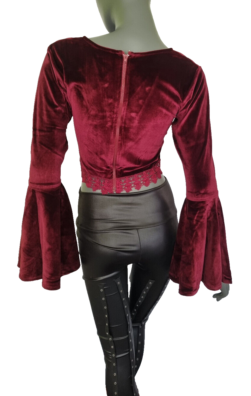 SamtBluse Gothic Larp dark Witch Medieval Spitze Glockenärmel 34/36 kleine 38
