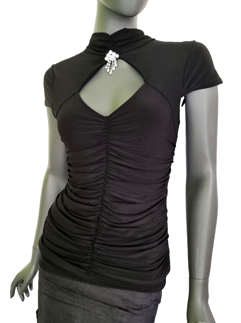 Melrose Longtop Raffung sexy Neckholder Strass-Brosche Gr.36