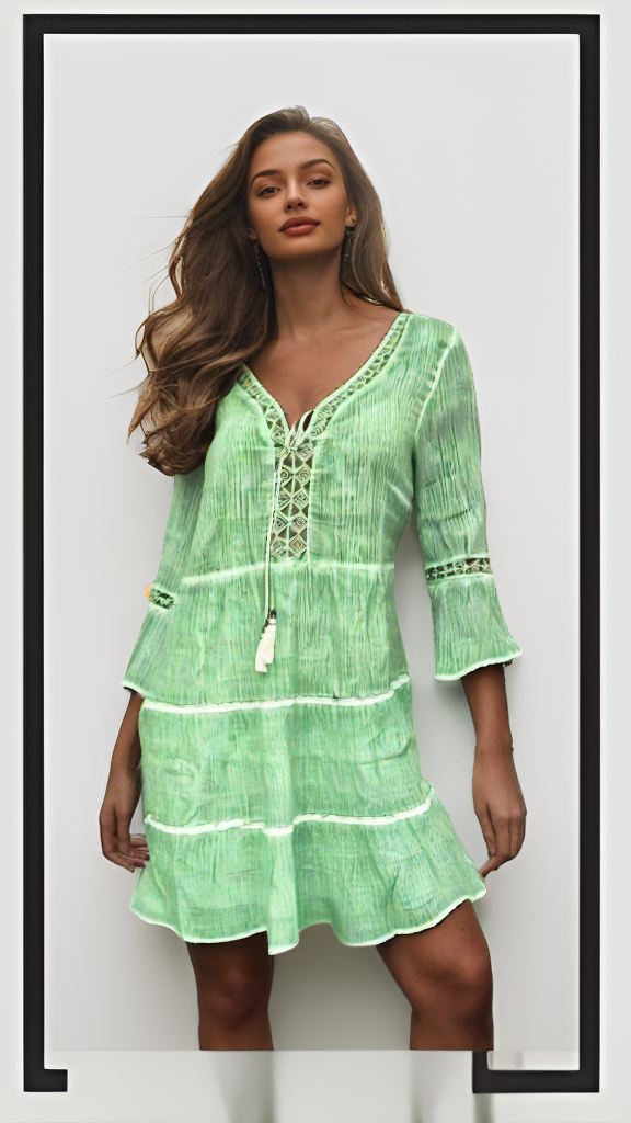 Tunikakleid grün Kreppkleid oil dyed Ibiza Boho Spitze Gr.36