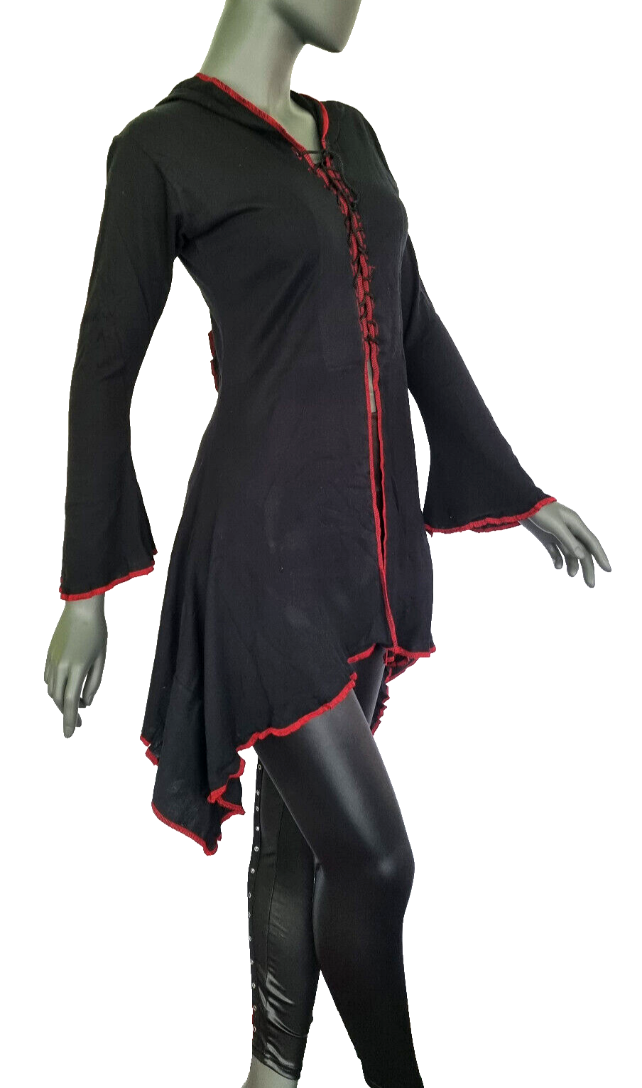 Gugel Zipfelkleid Shirtjacke Goa Ethno Medieval Hippie schwarz-rot Gr.34-38