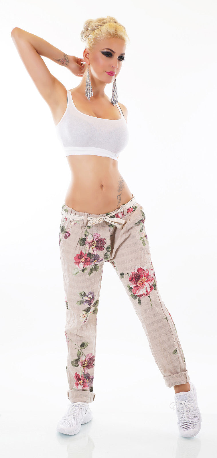 ITALY Damen Hose Blumen Boho Landhaus Leinen Look altrosa Gürtel 34-38