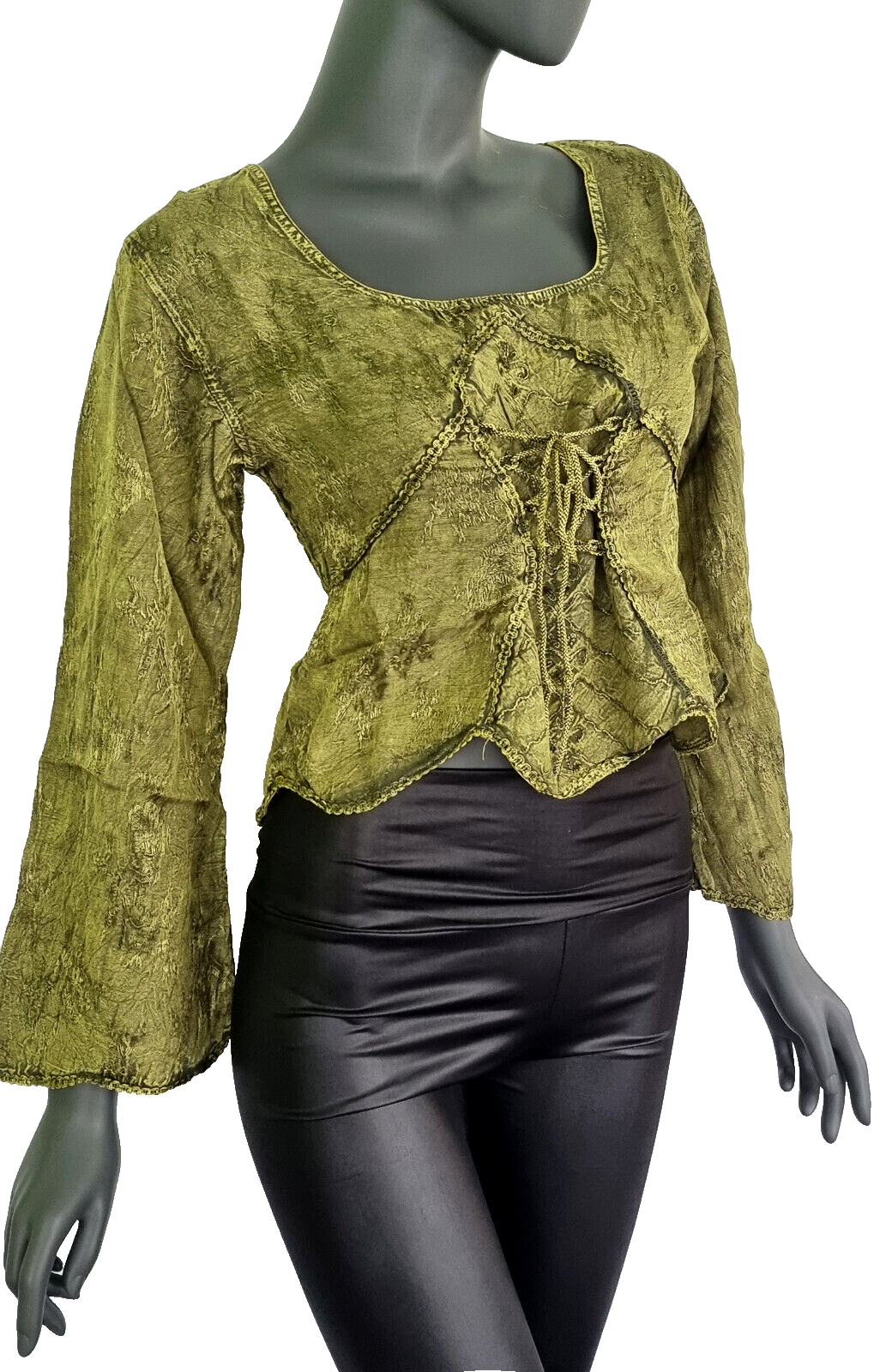 Kurz-Bluse Boho Hippie Ethno tannengrün vintage Gr.34-38 freesize