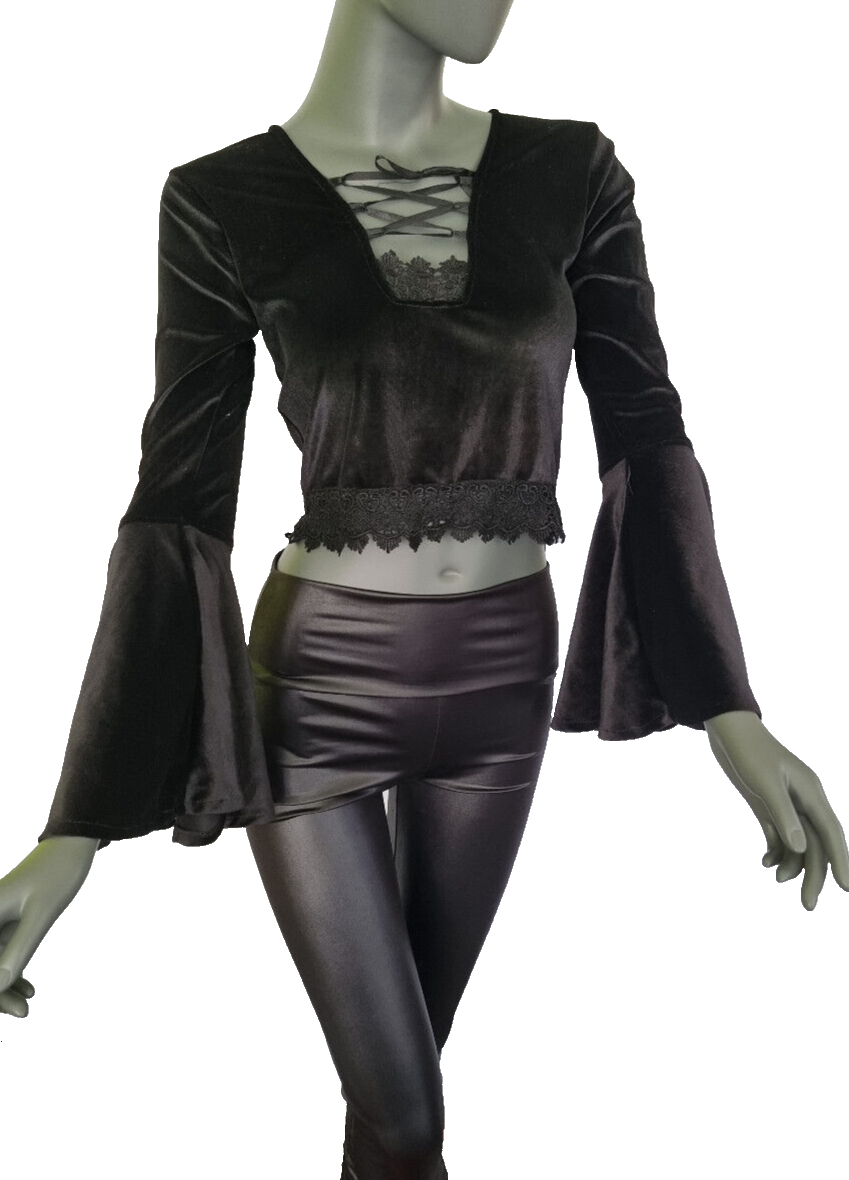 SamtBluse Gothic Larp dark Witch Medieval Spitze Glockenärmel 34/36 kleine 38