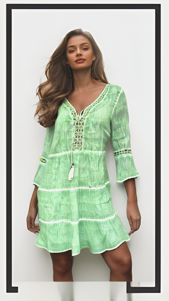 Tunikakleid grün Kreppkleid oil dyed Ibiza Boho Spitze Gr.42