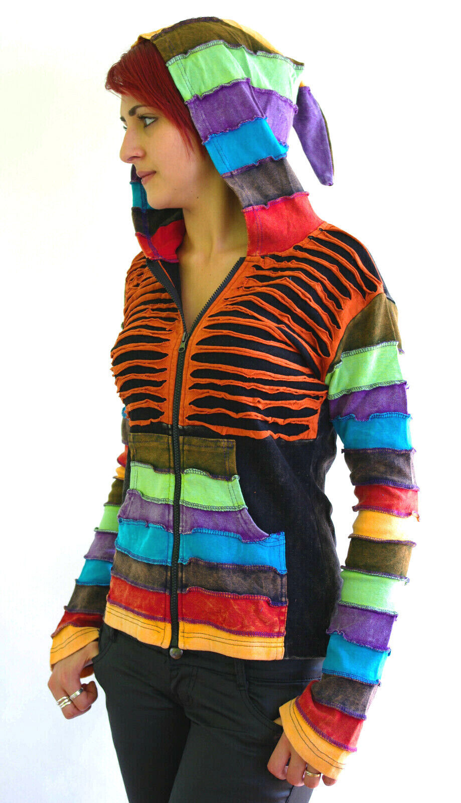 Razor Cut Gugel Patchwork Jacke Nepal Goa Ethno Gr.34-38