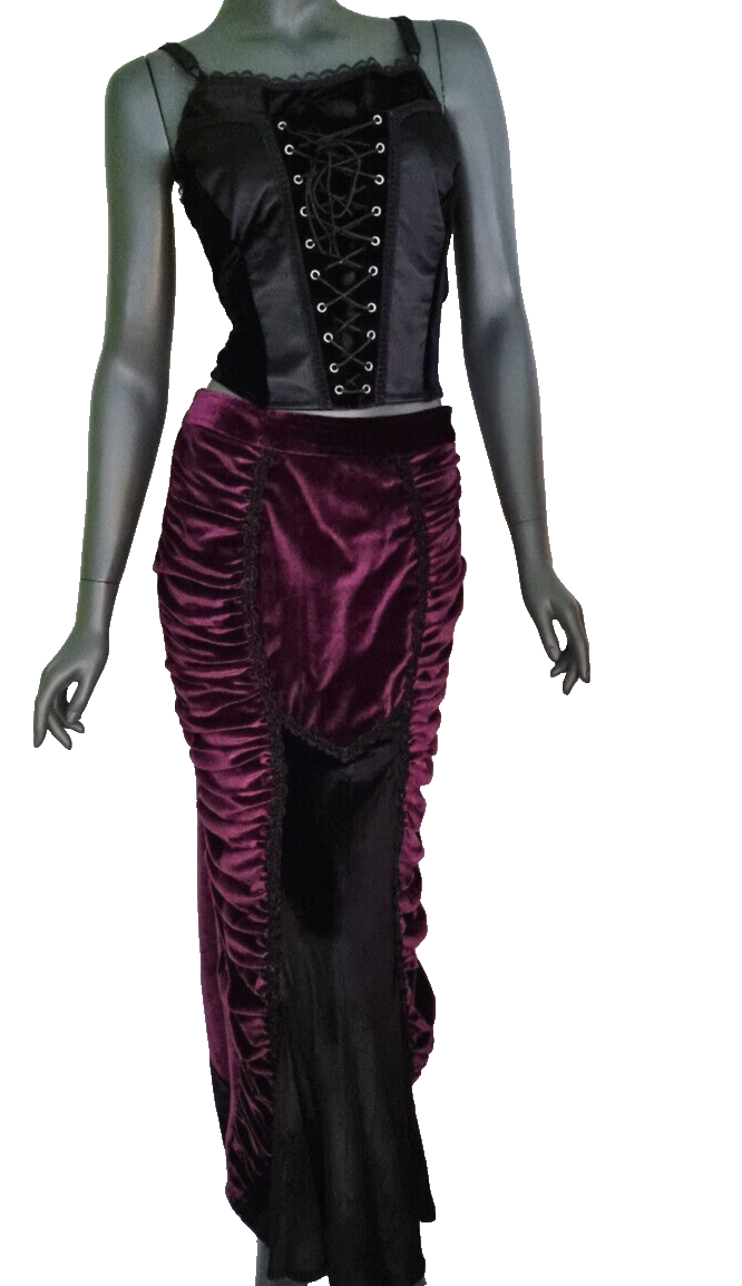 Maxirock Raffung Samt victorian gothic bordeaux lila Gr.34/36