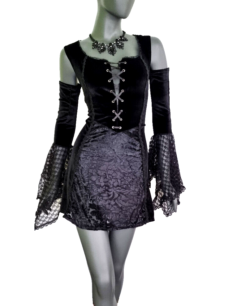 Bäres Samt Longshirt Kleid Gothic  Witch Medieval Punk schwarz Spitze  Gr.38-42