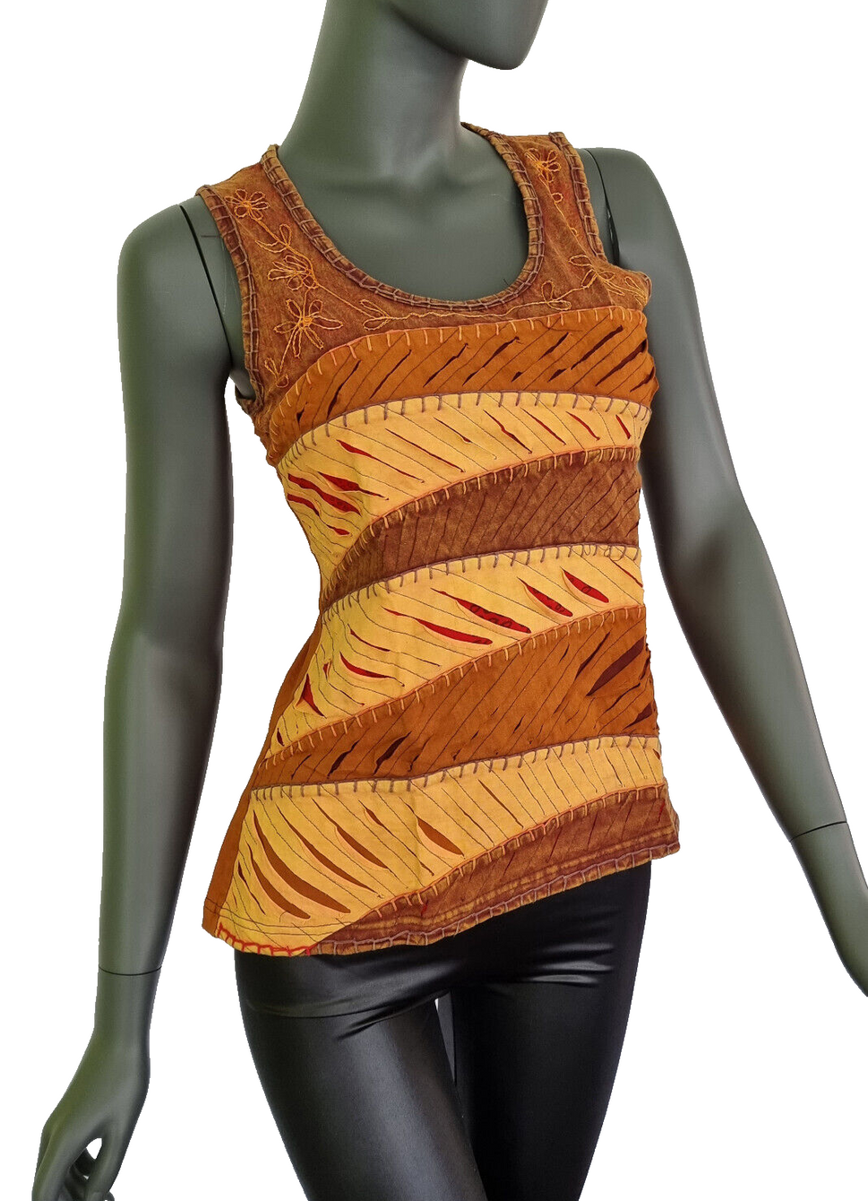 Razor Cut Damen Top Ethno Nepal Flower Hippie Boho Vintage orangebraun Gr.34-38