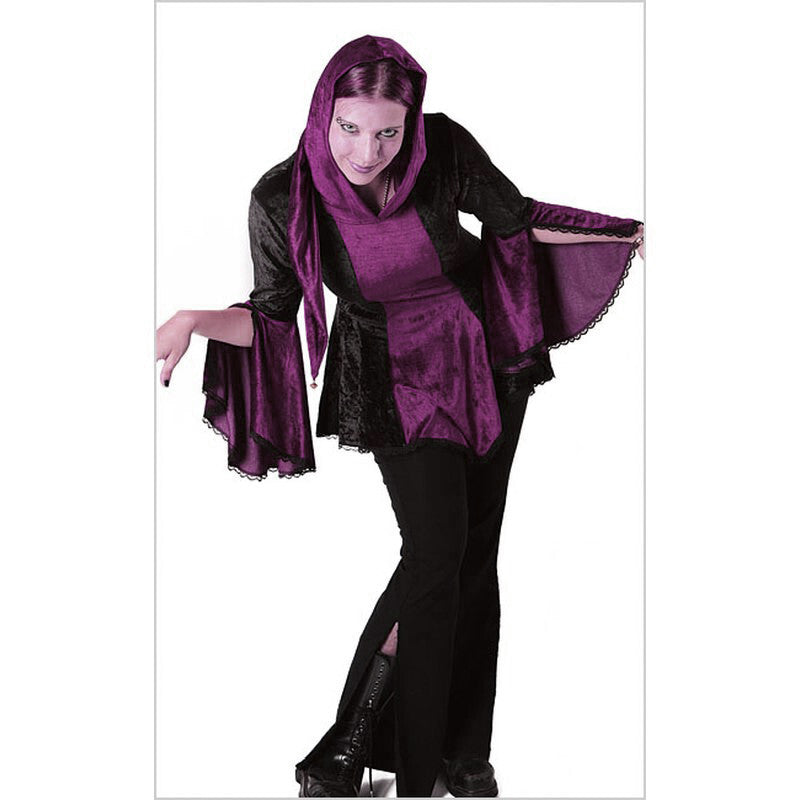 Bäres Gugel Samttunika Spitze Gothic Punk Medieval schwarz-bordeaux Gr.40-44