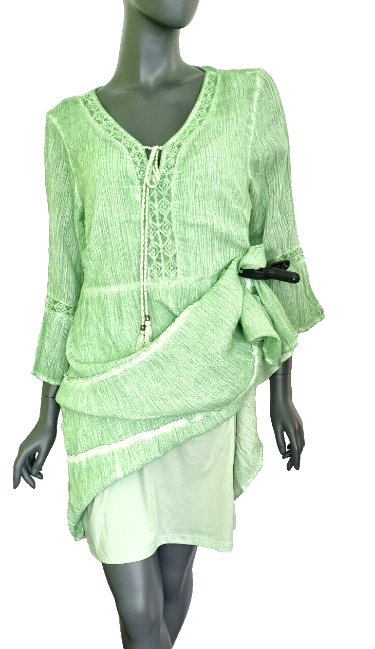 Tunikakleid grün Kreppkleid oil dyed Ibiza Boho Spitze Gr.38