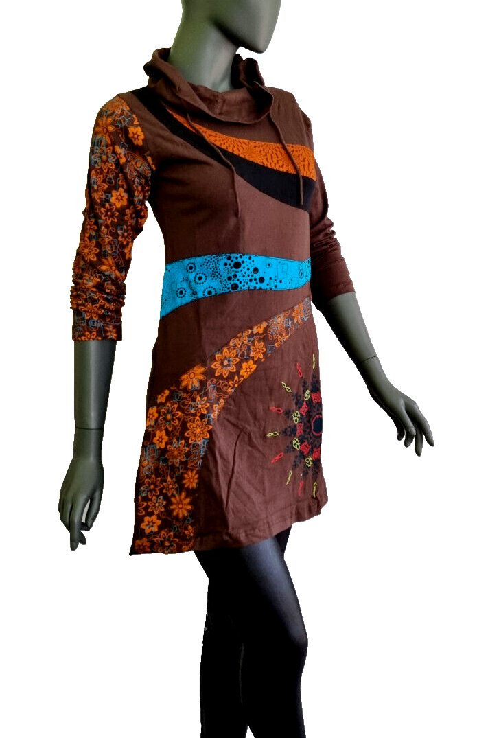 Longsleeve Kleid Nepal Patchwork Ethno  Hippie Boho braun Gr. 34/36 kl.38