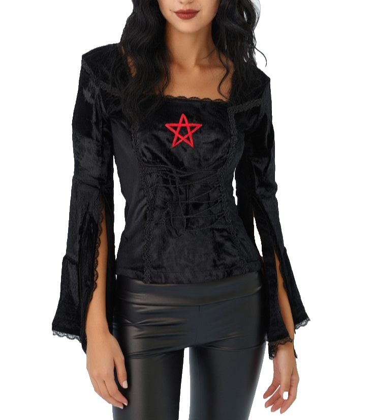 Gothic Samt-Bluse schwarz Pentagramm Witch Dark role-playing Gr.38/40