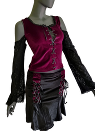 Samtshirt Schnürung Spitzenärmel off shoulder Gothic Gr. 34-38