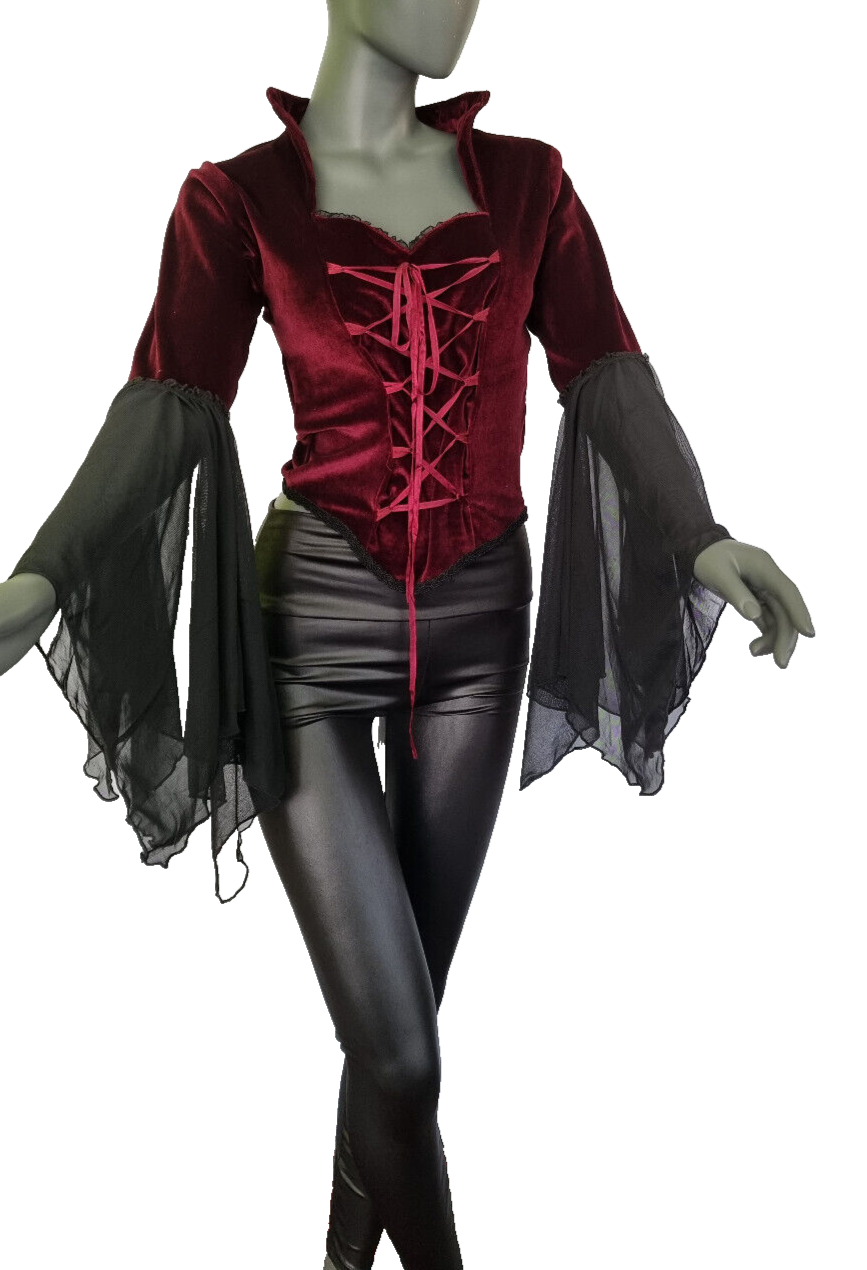 SamtBluse grün Gothic Larp dark Witch Medieval Mieder Stehkragen 38/40 kl.42