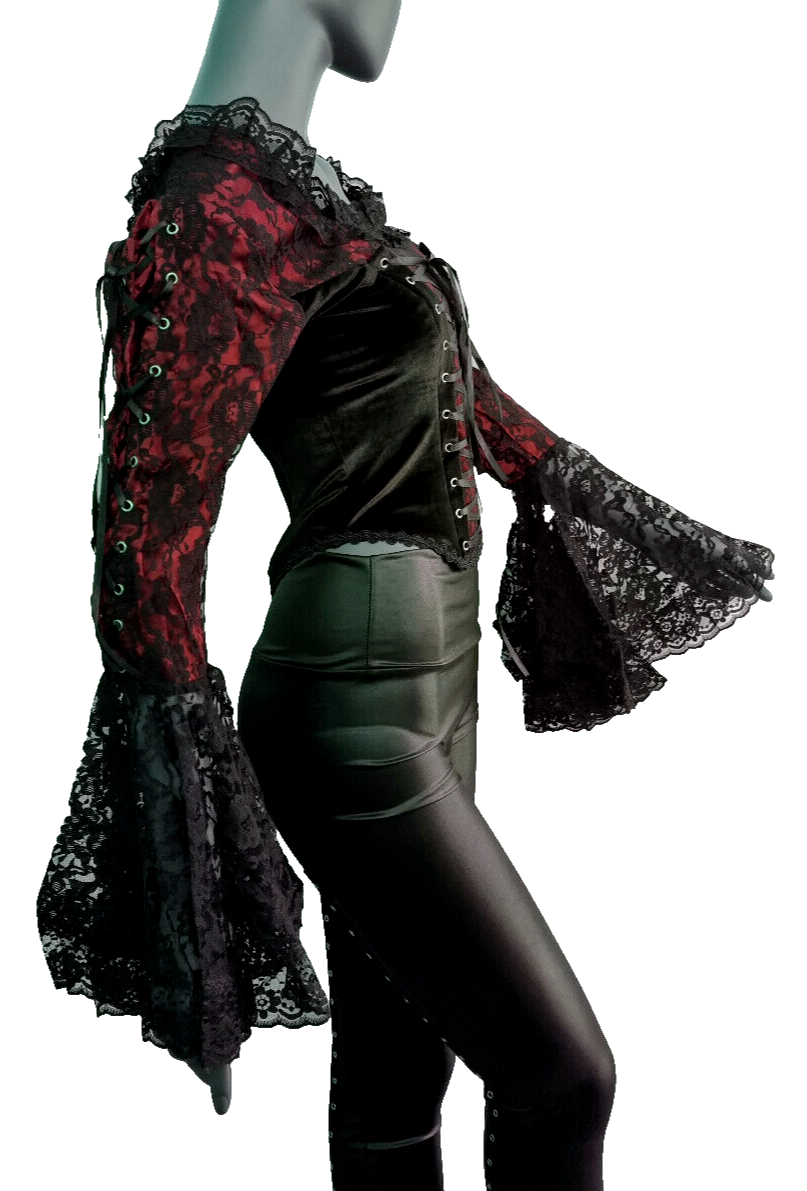 Samt Carmenbluse Mieder Spitze viktorian Barock Gothic Punk Corsagenbluse 36/38