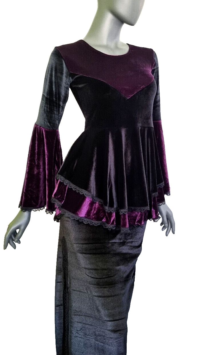 SamtTunika  Gothic  Witch Medieval Victorian schwarz-bordeaux Larp Gr.34-38